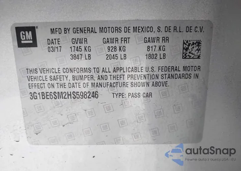 2017 Chevrolet Cruze Lt Auto из США, поврежденный, VIN 3G1BE6SM2HS598246